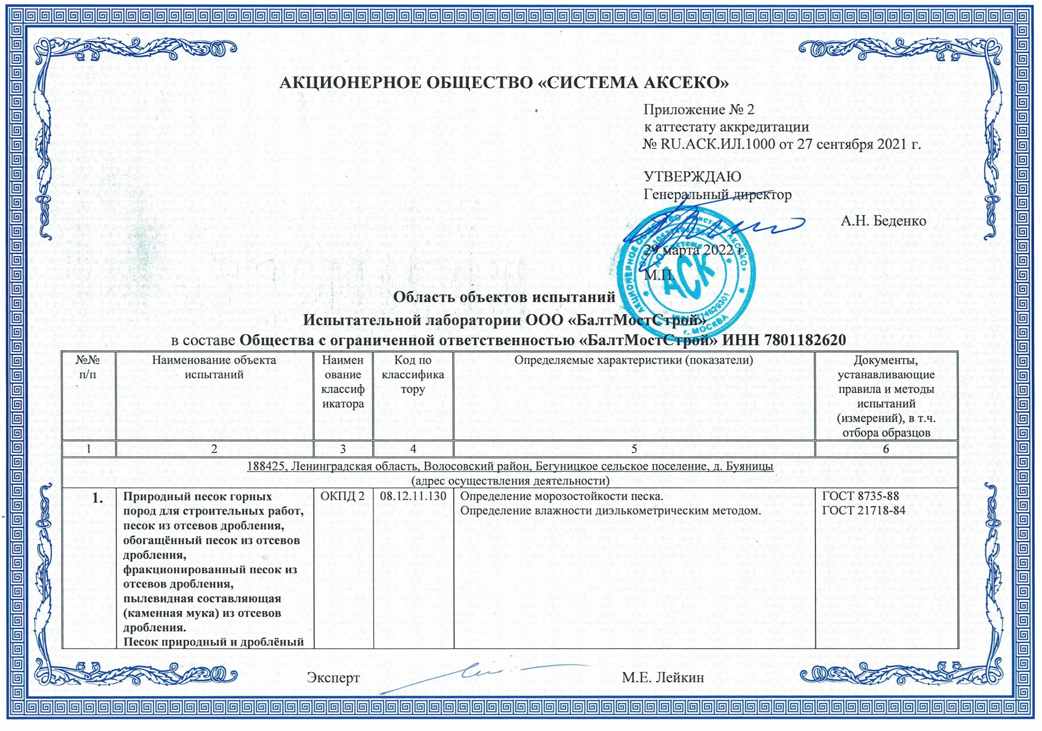 Приложение №2 к Аттестату №RU АСК ИЛ 1000