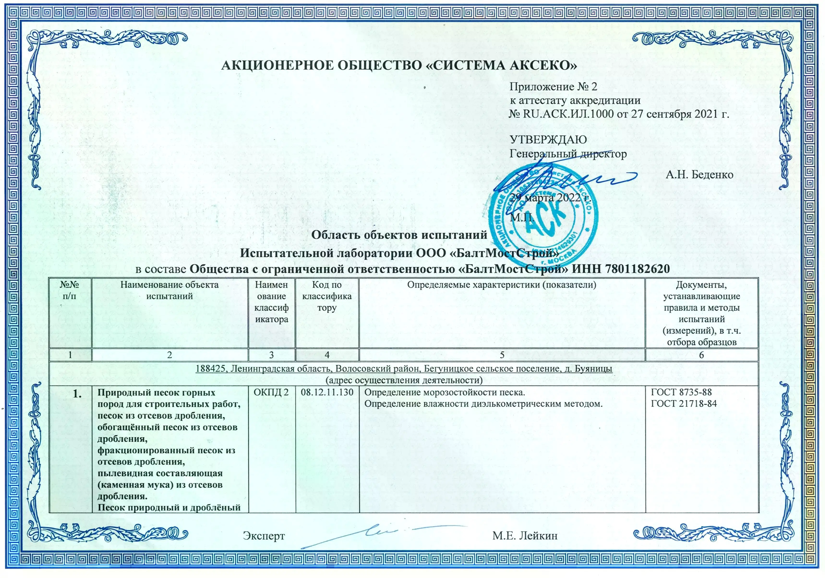 Приложение №2 к Аттестату №RU АСК ИЛ 1000